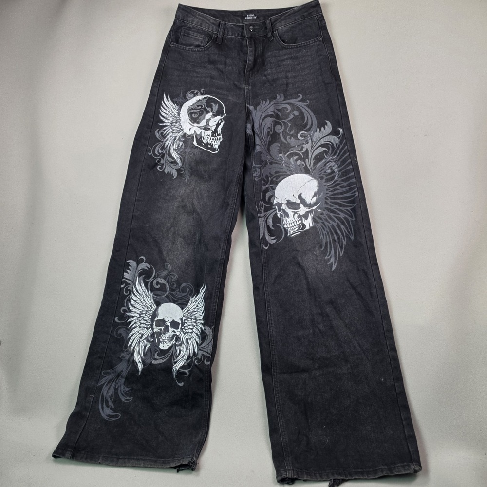 Social Collision Wide Leg Jeans Black Skull Wing Filigree Grunge Y2K Distressed